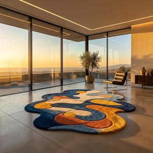 Tapis d'appoint abstrait bleu artistique, tapis moderne de forme irrégulière, tapis multicolore de designer pour salon et chambre à coucher - Product Image 1