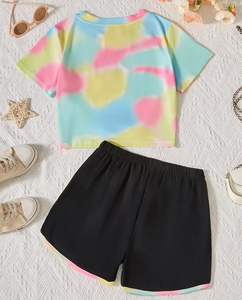 Girls 2-Piece Tie-Dye Heart Print Set Short Sleeve Top With Knot Front And Striped Shorts Summer Outfit - Product Image 2