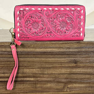 Wholesale Custom Tooled Floral Genuine Leather Pink Zipper Wallet Western Style New Fashion Card Holder Clutch <b>Purse</b> For Women - Product Image 5