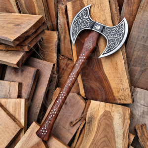 Hacha Vikinga de Acero Inoxidable de Grado Industrial, Cabeza de Hacha de Doble Hoja, Mango de Madera Grabado en Latón, Hacha con Barba para Acampar y Cazar - Product Image 1