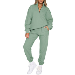 Women Solid Color Half-Zip Tracksuit Set Loose Fit Cotton Sweatshirt And Joggers With Side Pockets Autumn Casual Wear - Product Image 1