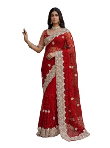 Heavy Look Bridal Sari Traditional Indian Designer Net <b>Saree</b> <b>Blouse</b> Women's Party Wear Embroidery Work with Pearls Diamonds Work - Product Image 2