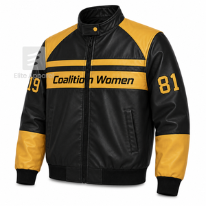Custom NCBW Coalition <b>Women</b> Leather jacket <b>black</b> & gold Embroidered logo Casual Style for female with polyester lining - Product Image 2