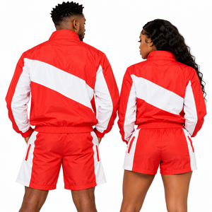 ชุดวอร์มสีแดงขาวแบบ unisex ผ้าโพลีเอสเตอร์น้ำหนักเบา ซิปหน้า แขนยาว กางเกงขาสั้น ชุดกีฬา ชุดออกกำลังกาย - Product Image 3