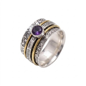 Wholesale 925 Sterling Silver Amethyst <b>Spinner</b> <b>Ring</b> Natural Purple Gemstone Floral Engraved Meditation Fidget Wide Band <b>Ring</b> - Product Image 1