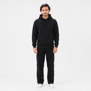 Chándal con Capucha para Hombre, Color Negro, Manga Larga, Color Sólido, Algodón, Ropa Casual con Bolsillos Laterales, Corte Regular, Estilo Otoñal - Product Image 1