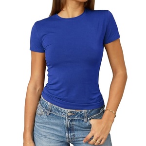 Camiseta de Manga Corta con Cuello Redondo Azul Rey para Mujer, Corte Ajustado, Informal, de Color Sólido, de Algodón Jersey - Product Image 1