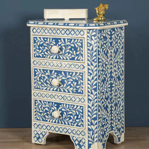 Table à tiroirs en os incrusté de la marque ILAHI, design moderne, détails en agate, rangement à trois niveaux, meuble portable pour la maison - Product Image 1