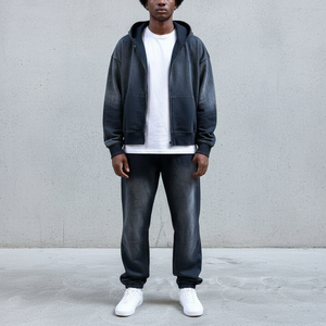 Ensemble 2 pièces pour homme en molleton 100% coton de haute qualité, effet délavé soleil, logo imprimé personnalisé, streetwear hip-hop, survêtement à capuche - Product Image 4