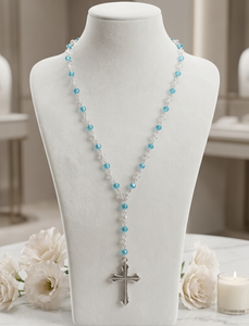 Handmade <b>Blue</b> Crystal Beaded Rosary <b>Necklace</b> with Silver Tone Cross Pendant Christian Prayer <b>Necklace</b> Religious Catholic Jewelry - Product Image 1