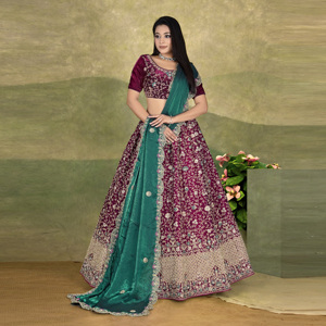 Ensemble Lehenga Choli Fendy avec broderie filée, bordure évasée et dupatta assorti – Tenue vintage pour Diwali, mariage, fête et occasions festives - Product Image 2