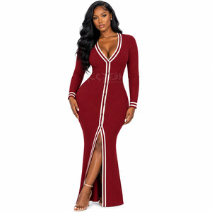 Cosh International Sorority Sisterhood V-Neck Long Sleeve <b>Cardigan</b> Dress With Slit And <b>Button</b> Closure Full Length Sexy Club Wear - Product Image 1