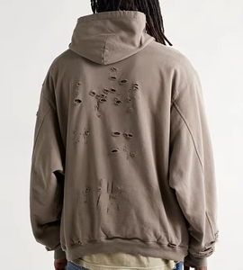 Custom Hoodie Streetwear Vintage Ripped Kangaroo Pocket Hoodie French Terry Distressed Hoodies Men Hoddies - Product Image 4