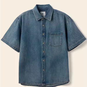 Chemise en jean décontractée pour homme, coupe slim, manches courtes, coton et élasthanne, respirante, écologique, légère, avec deux poches avant - Product Image 1