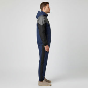 Ensemble de survêtement deux pièces pour homme, bleu marine, imprimé, avec blocs de couleur, veste coupe-vent à capuche et pantalon, tenue de sport décontractée, 100% coton - Product Image 3