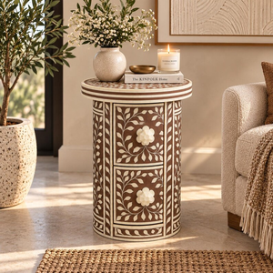 Mesa Auxiliar Floral con Incrustaciones de Hueso Hecha a Mano, Mesita de Noche Personalizable con Cajones, Mesa Decorativa para el Hogar - Product Image 5