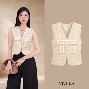 Gilet en tweed texturé <span class=keywords><strong>crème</strong></span> à sequins pour femme, sans manches, col en V, court, avec bordure contrastante et boutons sur le devant, coupe ajustée <span class=keywords><strong>NAOMI</strong></span> - Product Image 1