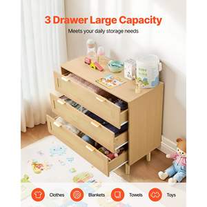 Cómoda Moderna de Ratán con 3 Cajones, Asas de Metal y Patas de Madera, Almacenamiento Natural para Dormitorio, Sala de Estar o Pasillo - Product Image 2