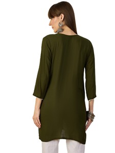 Kurti Tradicional Étnico Corto para Mujer, Viscosa Pura, Bordado Floral con Hilos, Corte Recto - Product Image 2