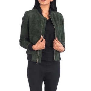Women Dark Green Genuine Suede <b>Leather</b> Bomber <b>Jacket</b> Slim Fit Premium Goat Suede Casual Winter Varsity Outerwear Coat - Product Image 1