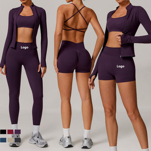 Wholesale Custom Logo Women 3 Piece Set Cross Back Bra Zip up <b>Jacket</b> Scrunch Butt Pants <b>Yoga</b> Fitness Seamless 3 Pcs Set - Product Image 1