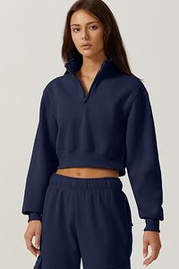 Sweat-shirt court à capuche pour femme, col montant, manches longues, demi-zip, pull avant, collection hiver, ODM - Product Image 3