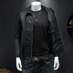 Premium <b>Men's</b> Tan <b>Suede</b> Leather <b>Jacket</b> Slim Fit Motorcycle Biker <b>Jacket</b> Autumn Winter Fashion Stand Collar Casual Windbreaker - Product Image 2