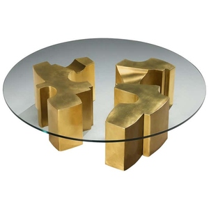 Mesa de centro de diseño moderno de lujo con tapa redonda de cristal y base de latón premium tipo rompecabezas. - Product Image 4