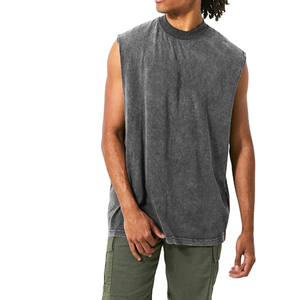 Débardeur sans manches pour homme, col rond, couleur unie, coton lavé, coupe décontractée, gris - Product Image 1