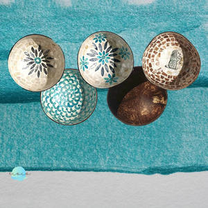 Custom Blue Gold <b>Mosaic</b> Mother of pearl coconut bowl organic coconut shell serving bowl with unique seashell inlay craft - Product Image 2