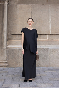 Conjunto de Dos Piezas para Mujer, Verano, Mezcla de Seda, Color Sólido, Asimétrico, Elegante, Corte Diagonal, Cuello Redondo, Manga Corta, Falda Informal y Camisa - Product Image 3