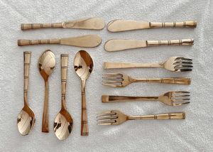 Vintage <b>Brass</b> Flatware Set High Mirror Polish <b>Dishwasher</b> <b>Safe</b> Wedding Tableware Metal <b>Cutlery</b> with Bamboo Handle Design - Product Image 3