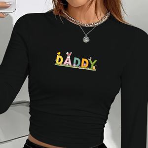 Chemise Y2K à manches longues pour femmes avec tissu tricoté imprimé de lettres DADDY sur le thème de Pâques - Product Image 1