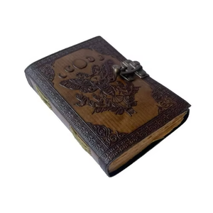 Carnet artisanal classique en cuir véritable avec gaufrage papillon et phases de lune, motif floral, papier à bords festonnés, fermeture à fermoir, style vintage - Product Image 2