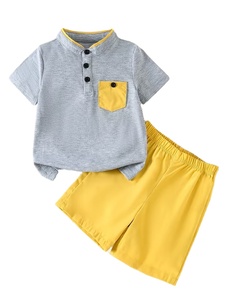 <b>Boys</b> Summer Casual Two-Piece Set Featuring Small Stand-<b>up</b> Collar Half-button Fashion Short-sleeve Jersey Print Top Stylish - Product Image 2