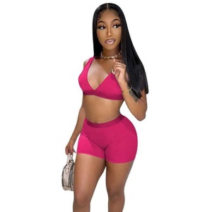 Femmes décontracté été solide deux pièces tenue ensemble Sexy haut court et short séchage rapide Spandex/coton pour porter en gros - Product Image 4