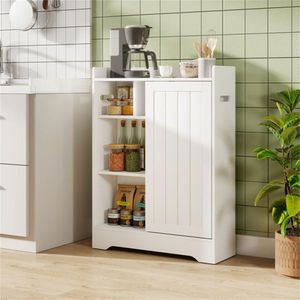 Slim White Bathroom Storage Cabinet 2 Sliding Doors 2 Adjustable Shelves 24\"x8\"x31.5\" Featuring Toilet Paper/Brush Holders - Product Image 1