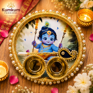 Trending Indian Haldi Kumkum Platter Holder Navratri Puja Plate Diwali Gift Handcrafted Puja Plater Religious Roli Decoration - Product Image 1