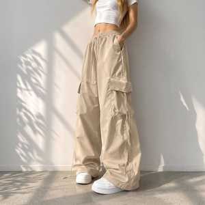 Pantalons cargo pour femmes |   Pantalons à jambes larges |   Pantalon taille haute à cordon de serrage |   Pantalon utilitaire coupe ample |   Vêtements de rue décontractés - Product Image 3