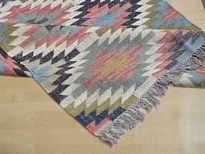 Alfombra Kilim Hecha a Mano con Patrón Geométrico, Tejido Plano de Lana y Acrílico, Rectangular, con Base de Yute, para Pasillo - Product Image 2