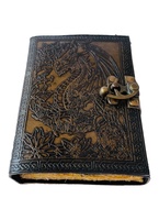 Celtique Antique Grand Dragon En Relief Charbon De Bois En Cuir Véritable Couverture Rigide Carnet Vierge Deckle Bord Papiers En Laiton Antique C-Lock