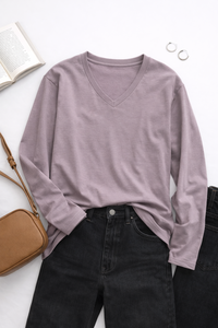 Camiseta de Manga Larga con Cuello en V para Mujer, Transpirable, Ecológica, Antipilling, de Secado Rápido, Informal, Holgada, de Algodón, con Logotipo Personalizado OEM - Product Image 2