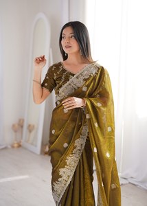 Olive <b>Green</b> <b>Silk</b> Saree With White Embroidery Dot Pattern Scoop Neck Blouse Traditional Wedding Wear All Seasons - Product Image 6