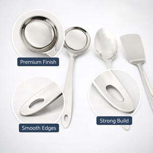 Ensemble d'ustensiles de cuisine en acier inoxydable, 3 pièces – Louche, cuillère ajourée et spatule |   Outils de cuisine durables résistants à la rouille |   Argent - Product Image 6