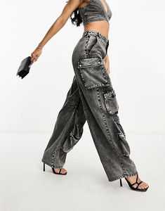 Pantalon cargo taille haute délavé pour femme avec plusieurs poches, coupe ample, longueur intégrale, style streetwear - Product Image 2