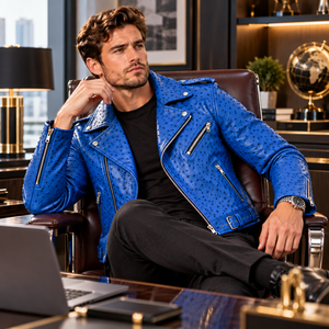 Blouson de motard en cuir d'autruche gaufré pour homme, bleu, clouté, en cuir exotique, veste de luxe pour homme - Product Image 3