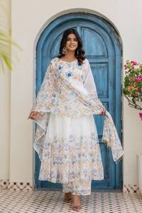 Premium tb organza gown set with digital print hand work fancy neck full sleeve flair plazo dupatta festive ethnic wear set - Product Image 4