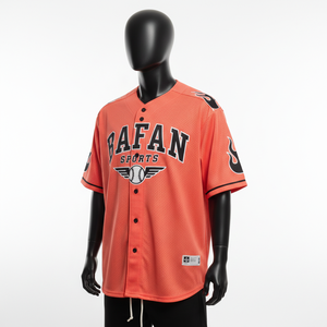 Camiseta 100% algodón para hombre, corte holgado, estampada, estilo jersey de béisbol, color naranja, con botones, paneles negros, logotipo bordado en sarga. - Product Image 4