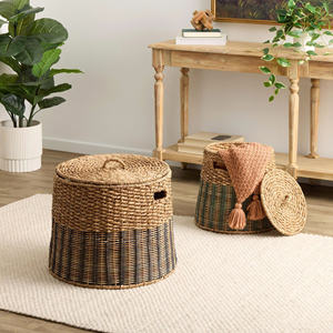 Stylish Natural And Green Rattan <b>Basket</b> <b>With</b> <b>Lid</b> Handmade Woven Storage Container Decorative Organizer For Organizing Home - Product Image 4
