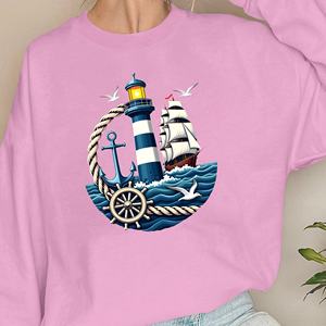 Lighthouse and <b>Anchor</b> Nautical Theme Printed Casual Knitted Women's Sweatshirts - Product Image 5